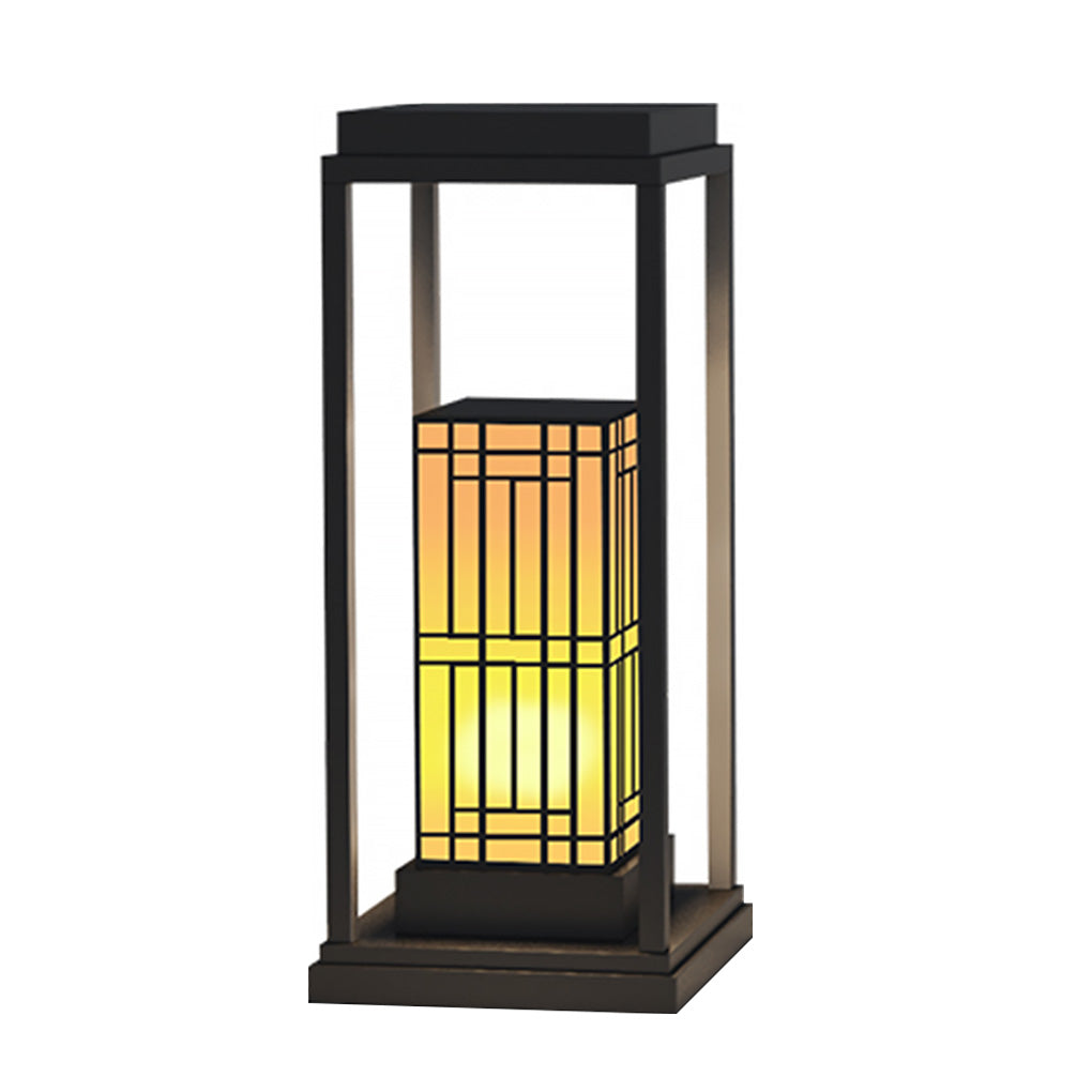rectangular framed traditional asian outdoor light with patterned lampshade