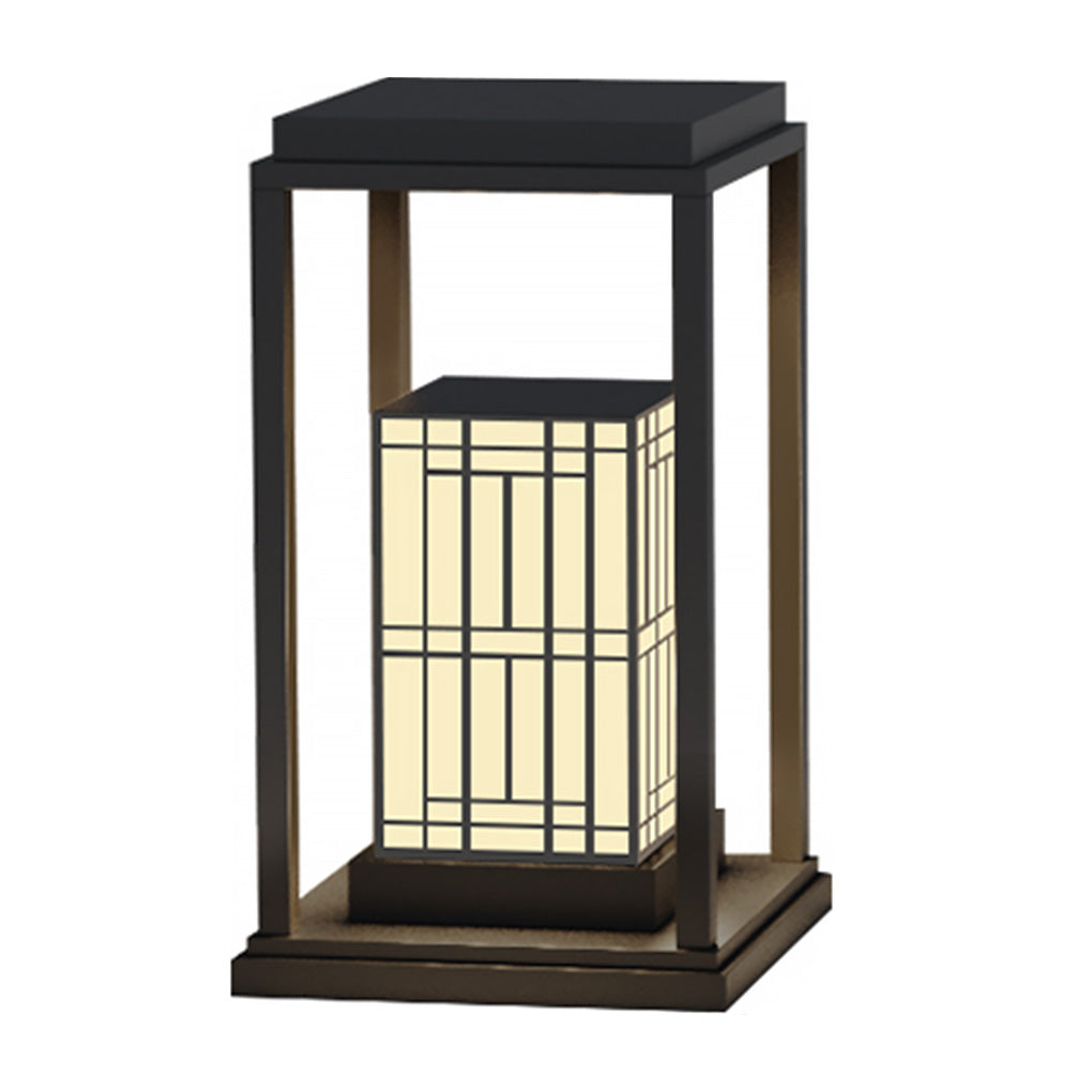 rectangular framed traditional asian outdoor light with patterned lampshade