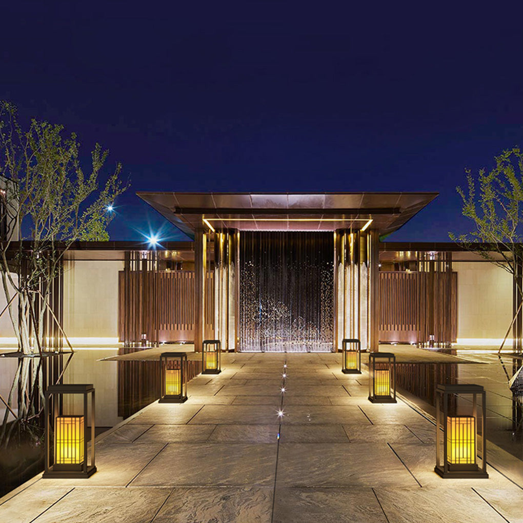 rectangular framed traditional asian outdoor light with patterned lampshade