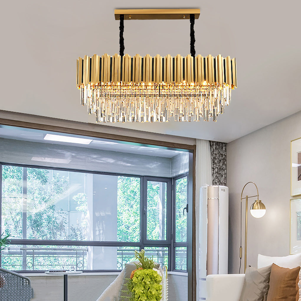 Minimalist Geometric Crystal Chandelier — Stainless Steel & Iron, E14 LED, Round or Rectangle, 31.5"–39.4"