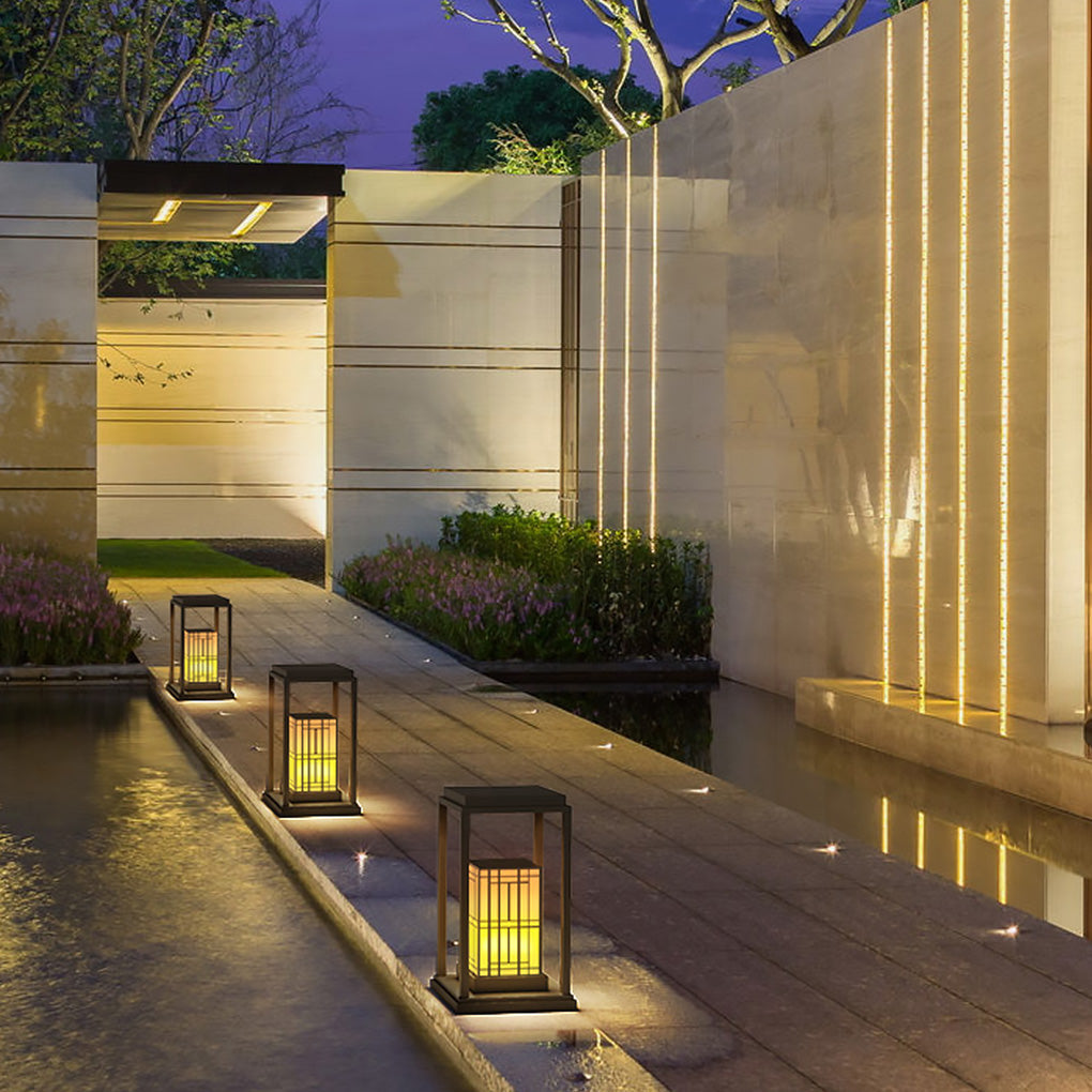 rectangular framed traditional asian outdoor light with patterned lampshade