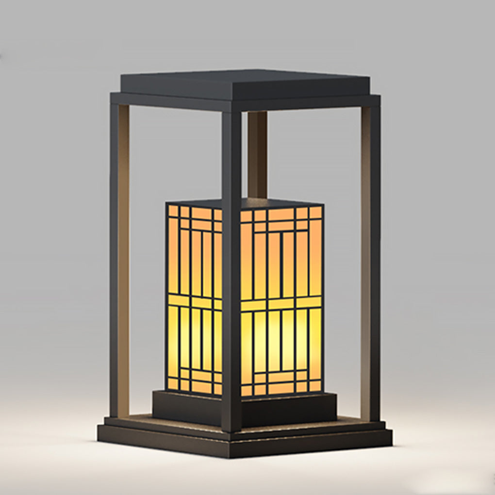 rectangular framed traditional asian outdoor light with patterned lampshade
