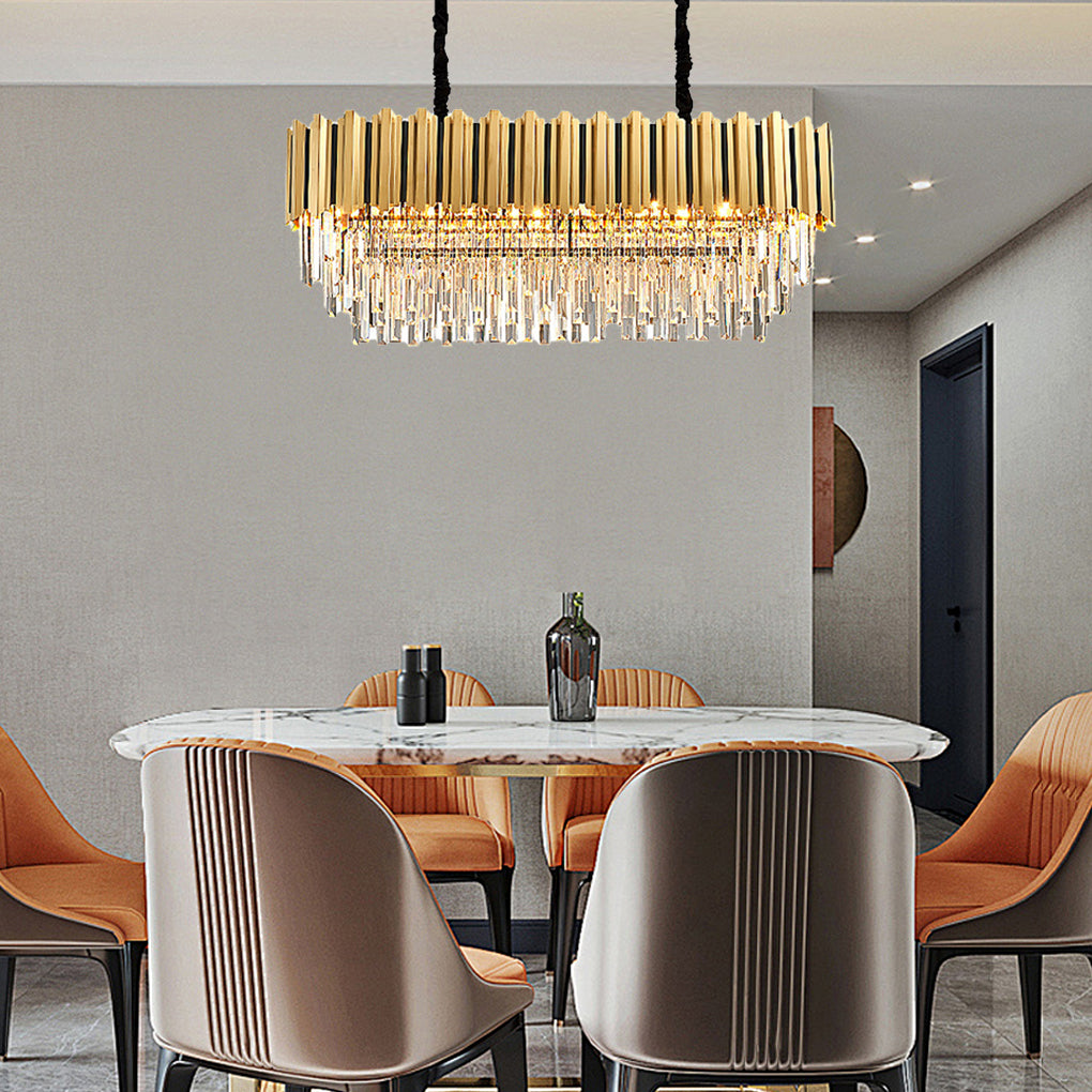 Minimalist Geometric Crystal Chandelier — Stainless Steel & Iron, E14 LED, Round or Rectangle, 31.5"–39.4"