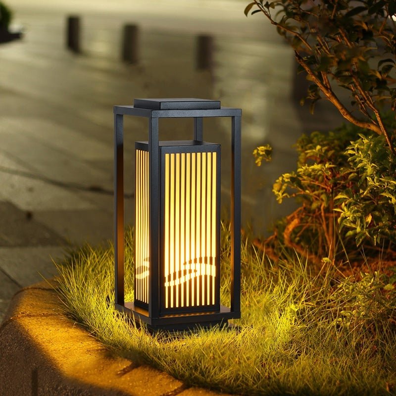 Modern Striped Lantern Bollard Light — Black, Geometric LED, Solar / Hardwired, 7.9" or 9.8" x 23.6"