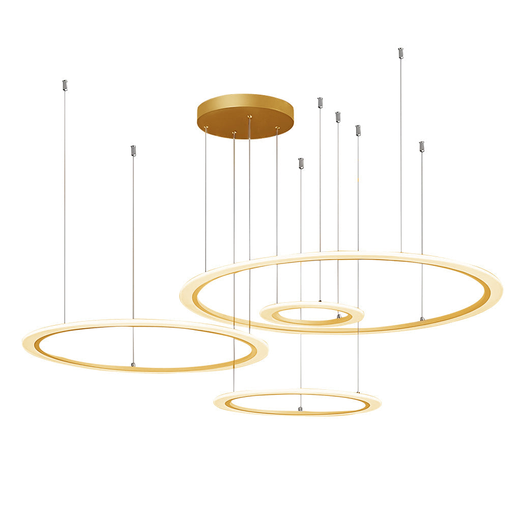Four-Ring Geometric LED Chandelier — Metal and Acrylic, Dimmable, 11.8"–35.4" Rings, Black / White / Gold