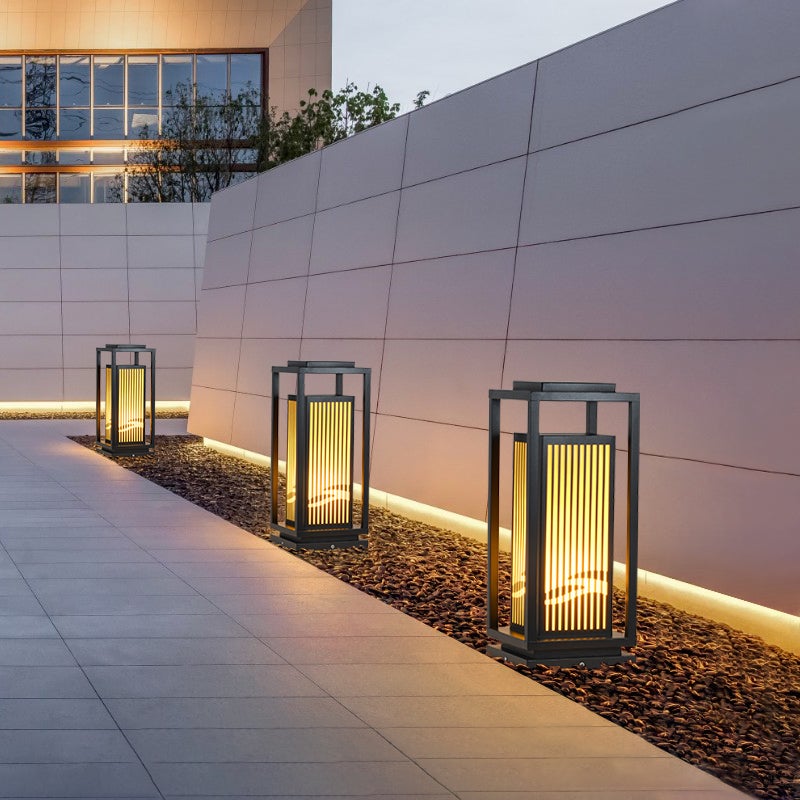 Modern Striped Lantern Bollard Light — Black, Geometric LED, Solar / Hardwired, 7.9" or 9.8" x 23.6"