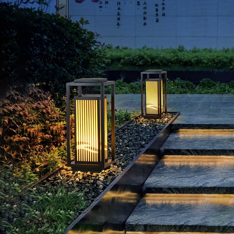 Modern Striped Lantern Bollard Light — Black, Geometric LED, Solar / Hardwired, 7.9" or 9.8" x 23.6"