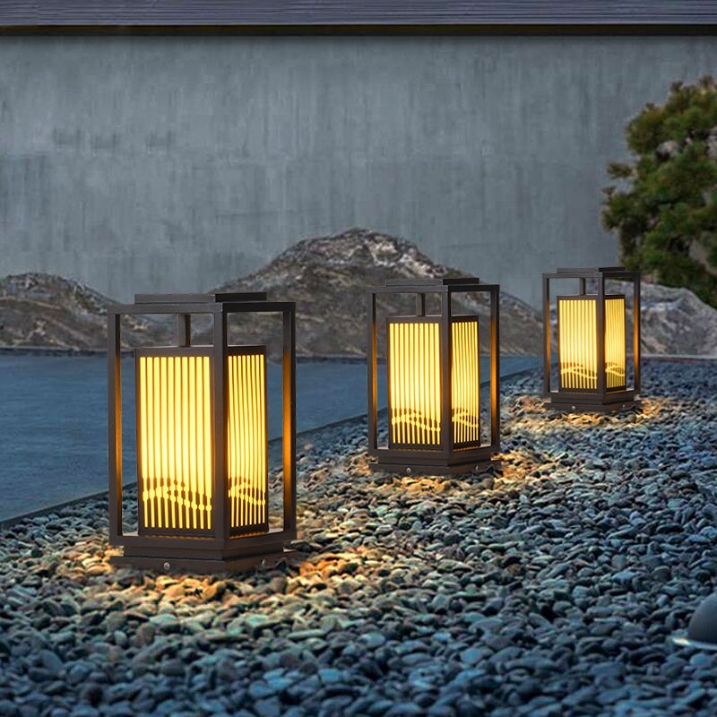 Modern Striped Lantern Bollard Light — Black, Geometric LED, Solar / Hardwired, 7.9" or 9.8" x 23.6"