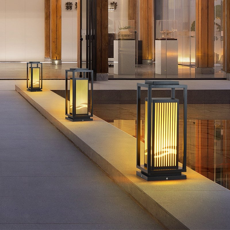 Modern Striped Lantern Bollard Light — Black, Geometric LED, Solar / Hardwired, 7.9" or 9.8" x 23.6"