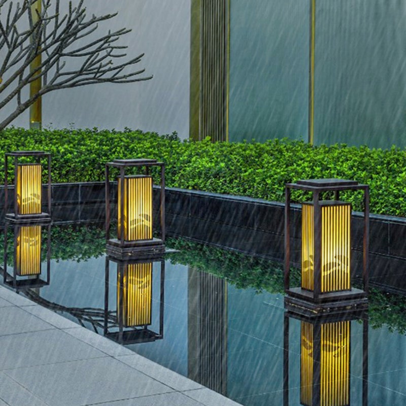 Modern Striped Lantern Bollard Light — Black, Geometric LED, Solar / Hardwired, 7.9" or 9.8" x 23.6"