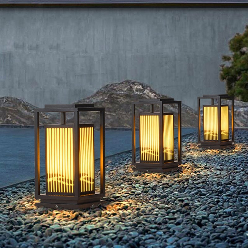Modern Striped Lantern Bollard Light — Black, Geometric LED, Solar / Hardwired, 7.9" or 9.8" x 23.6"