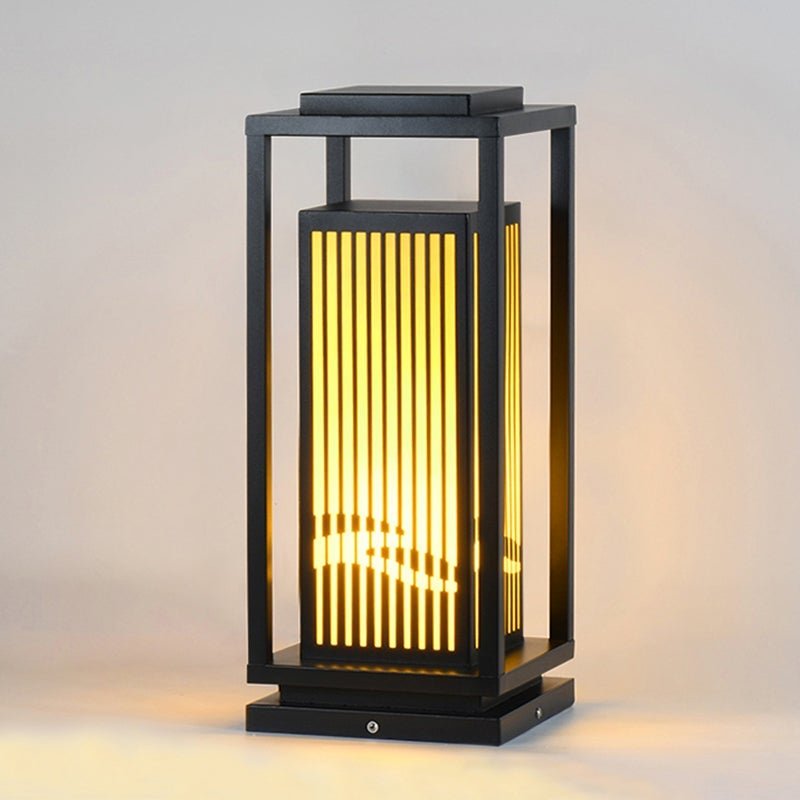 Modern Striped Lantern Bollard Light — Black, Geometric LED, Solar / Hardwired, 7.9" or 9.8" x 23.6"