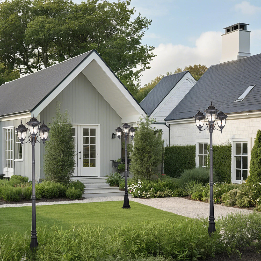 Three-Head Outdoor Post Light — Black Aluminum, 7W LED, IP54, 90.55" Height, E27, 3000K