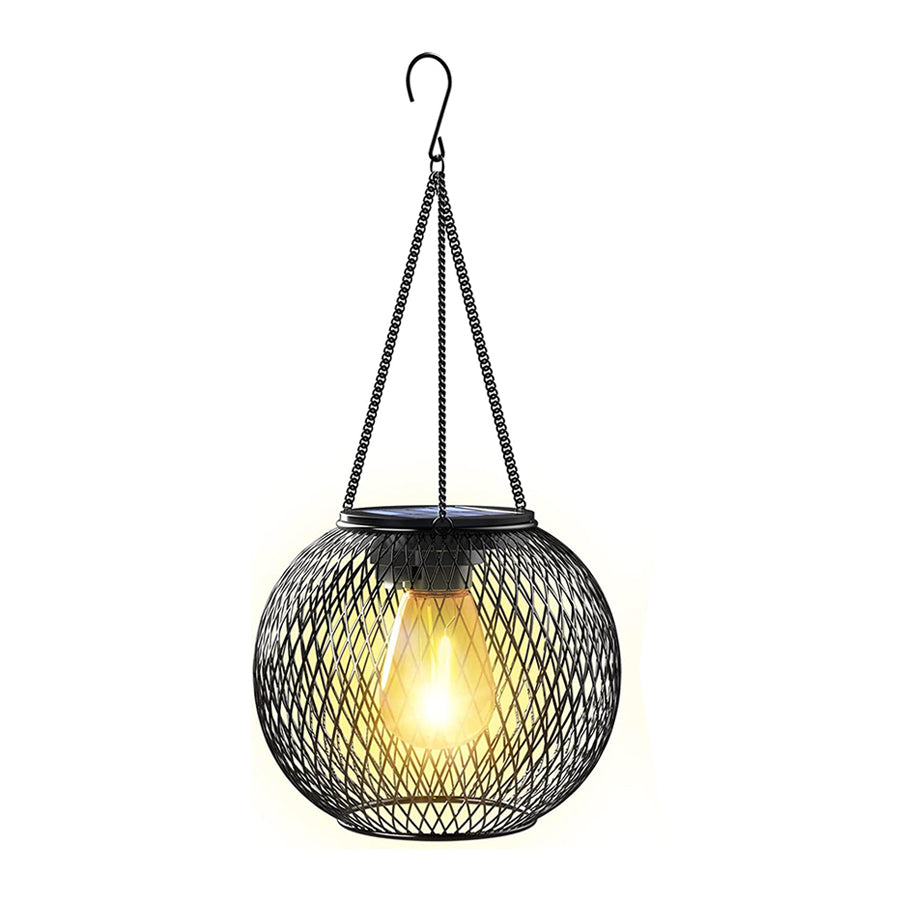 Vintage Solar Hanging Lantern — Black Iron Mesh, Warm White 2700K, Dusk-to-Dawn, Round or Oval