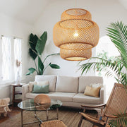 3-Tiered Bamboo Woven Pendant Light — Natural, Single Cylinder, E26, 60W, 15" Diameter, 48" Adjustable Cord