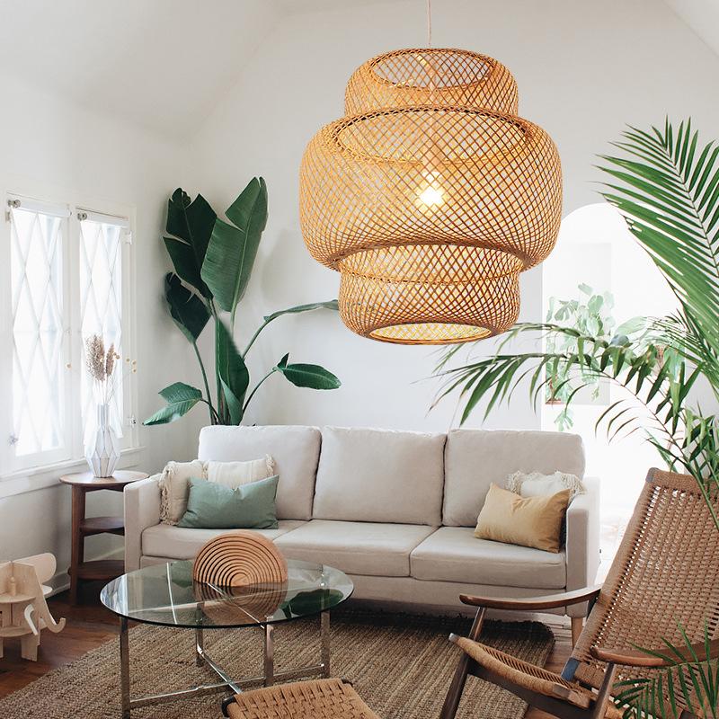 3-Tiered Bamboo Woven Pendant Light — Natural, Single Cylinder, E26, 60W, 15" Diameter, 48" Adjustable Cord