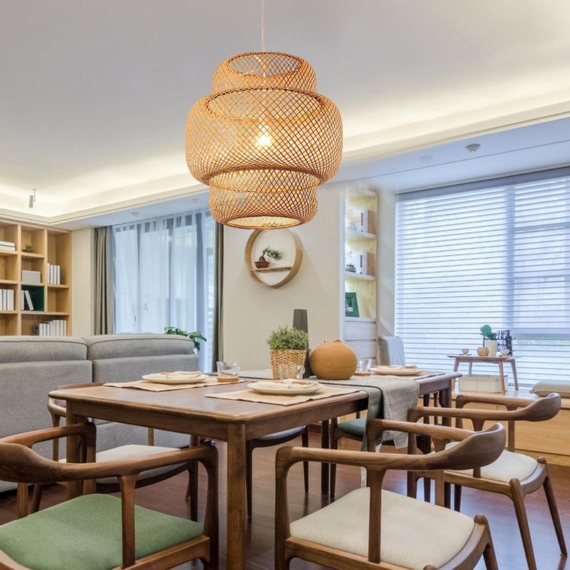 3-Tiered Bamboo Woven Pendant Light — Natural, Single Cylinder, E26, 60W, 15" Diameter, 48" Adjustable Cord