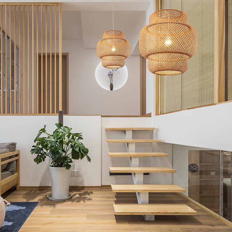 3-Tiered Bamboo Woven Pendant Light — Natural, Single Cylinder, E26, 60W, 15" Diameter, 48" Adjustable Cord