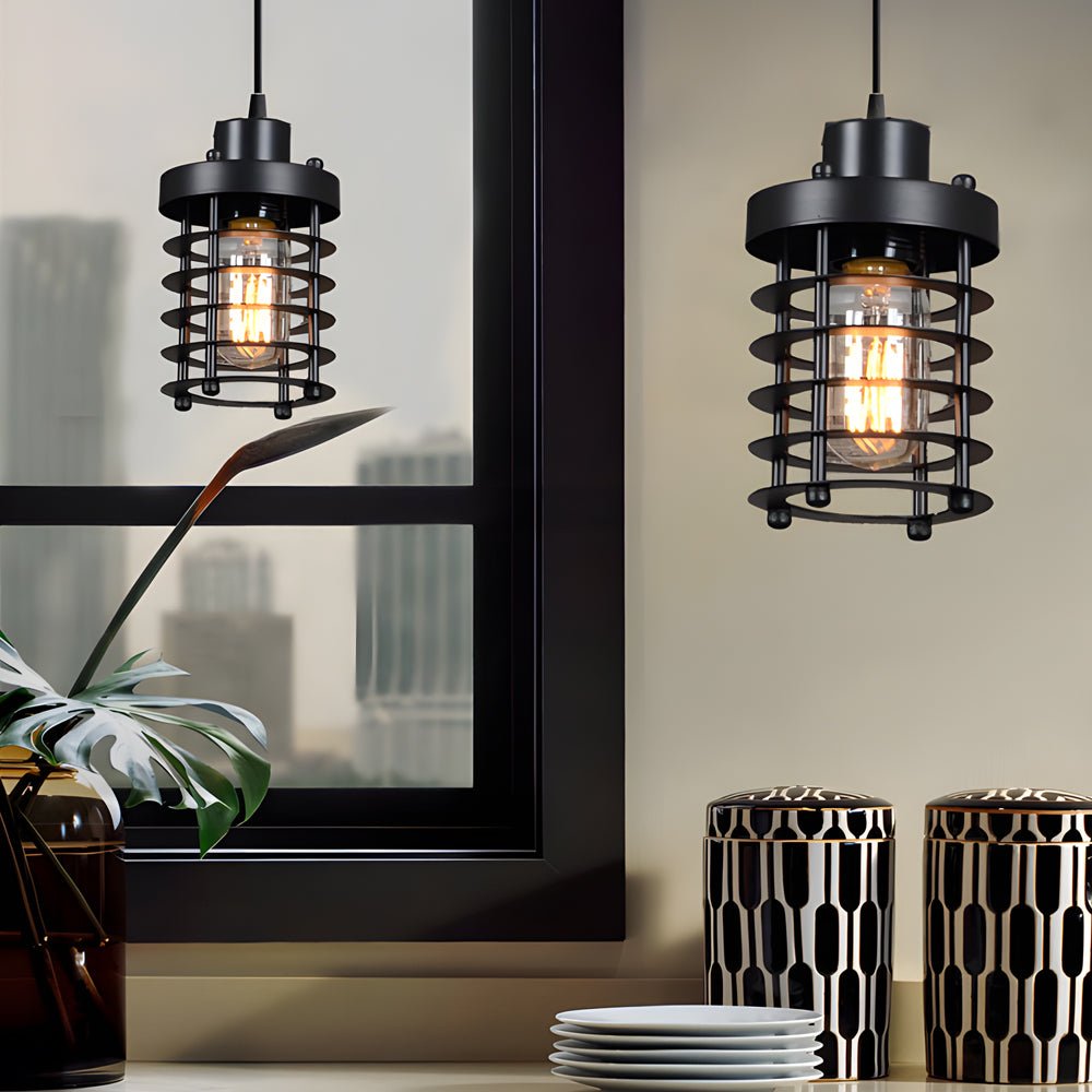 Industrial Cage Mini Pendant — Aged Metal, 1-Light, E27 40W, 3.9" Dia.