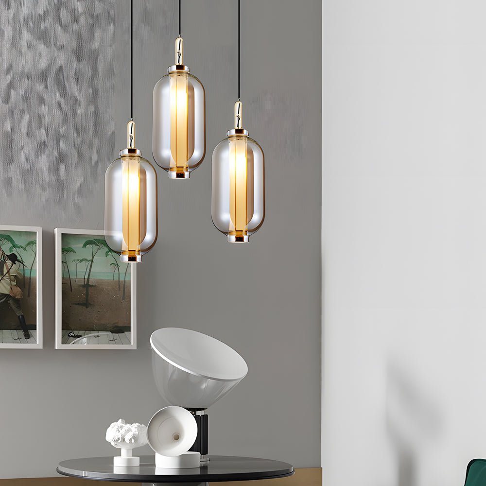 Postmodern Mini Pendant Light — Hand-Blown Amber Glass, Iron, E27, 1-Light