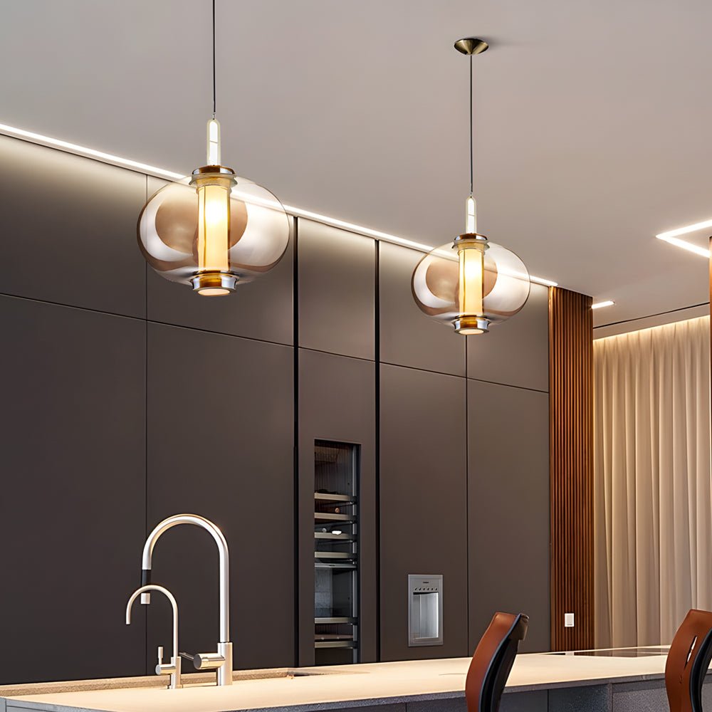 Postmodern Mini Pendant Light — Hand-Blown Amber Glass, Iron, E27, 1-Light
