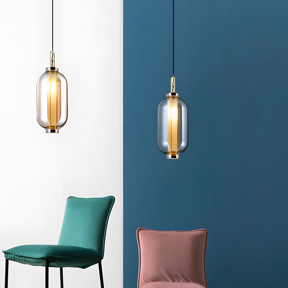 Postmodern Mini Pendant Light — Hand-Blown Amber Glass, Iron, E27, 1-Light