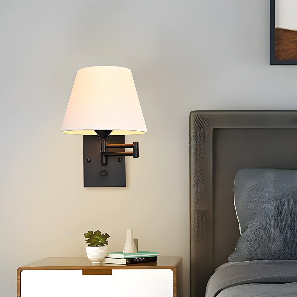 Swing-Arm Wall Sconce with Fabric Shade — Black Iron, E26 LED, Plug-In, Up/Down Adjustable