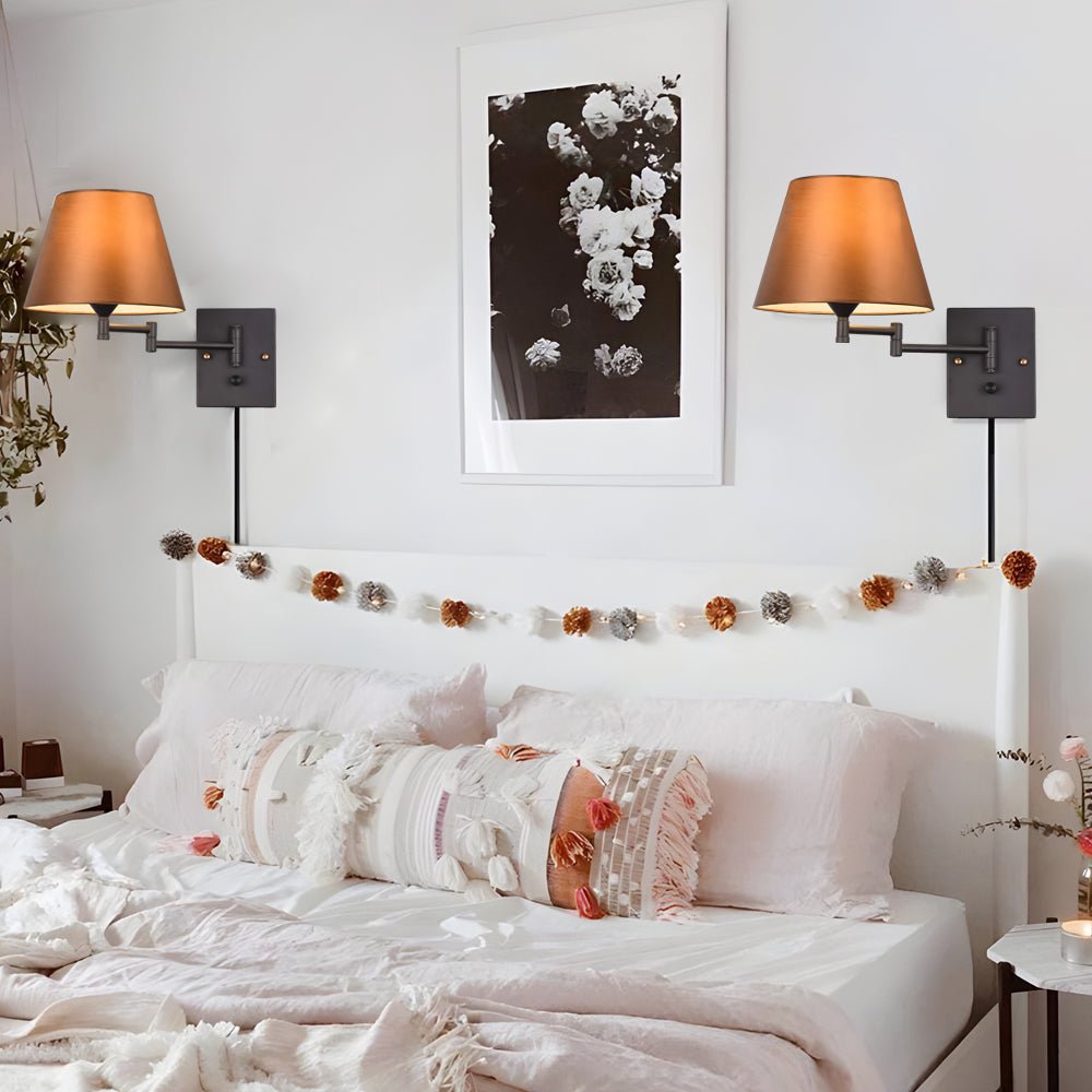 American style Swing Arm Wall Lamp with Fabric Shade Iron Light