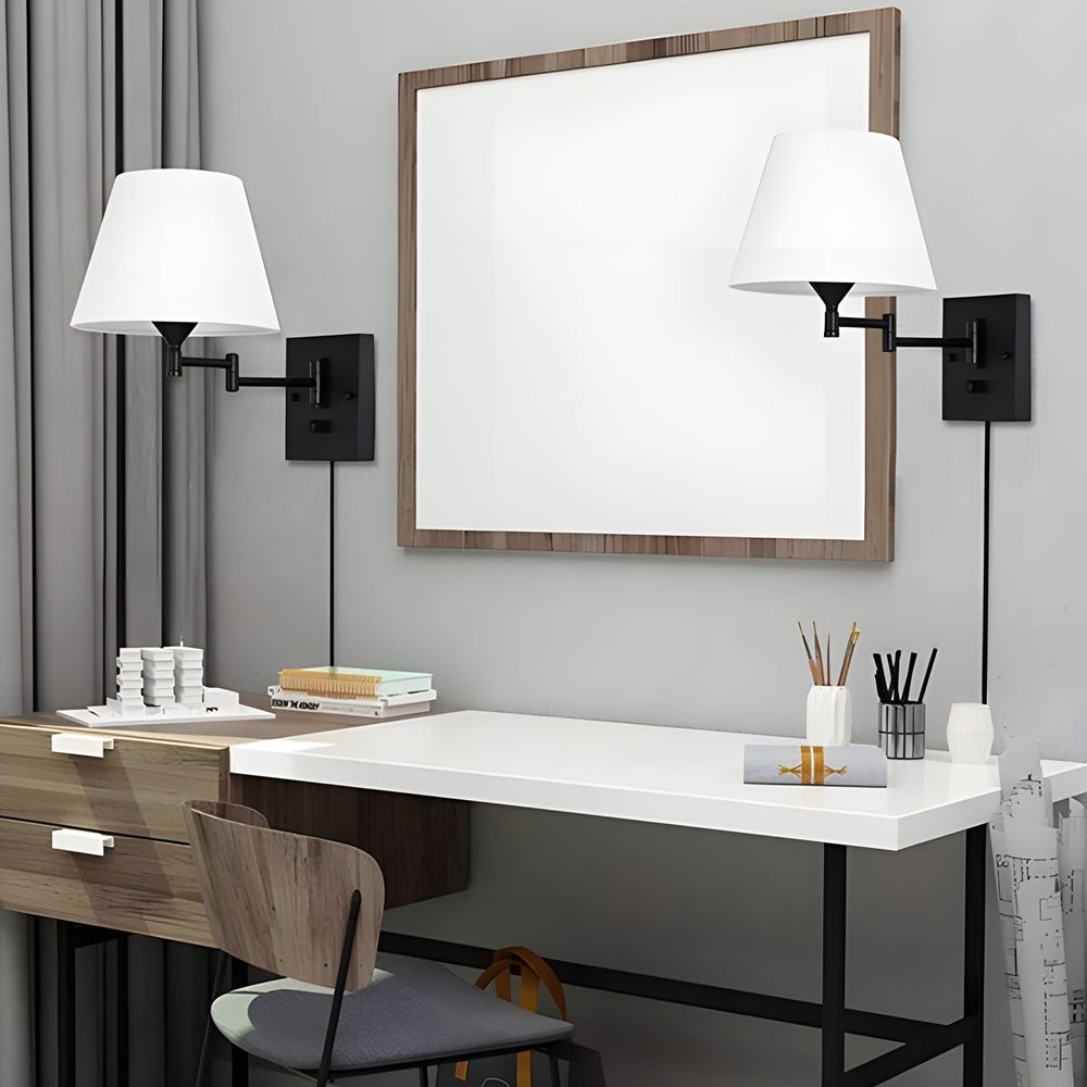 Swing-Arm Wall Sconce with Fabric Shade — Black Iron, E26 LED, Plug-In, Up/Down Adjustable