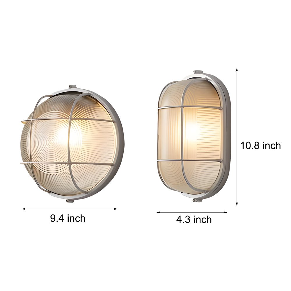 Retro Industrial Oval / Round Outdoor Wall Sconce — 1-Light, Die-Cast Aluminum, Frosted Ribbed Glass, E27, 3000K