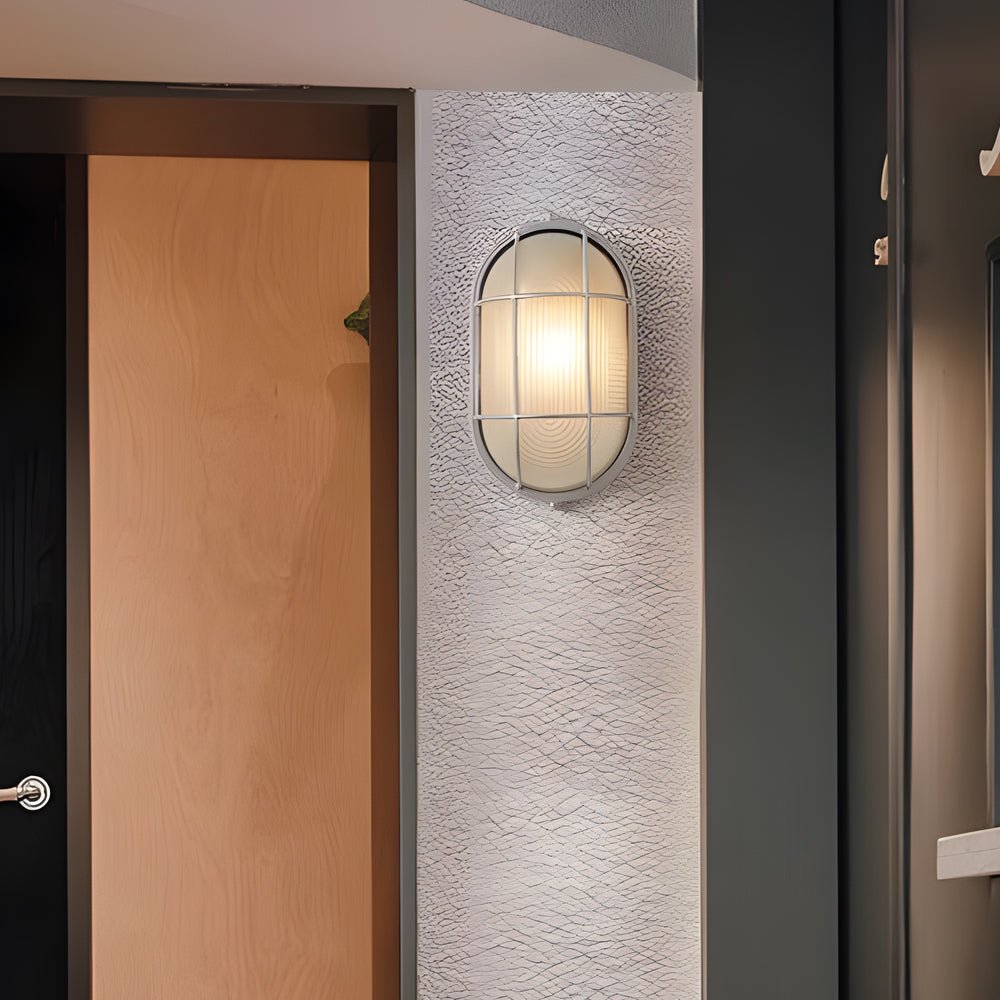 Retro Industrial Oval / Round Outdoor Wall Sconce — 1-Light, Die-Cast Aluminum, Frosted Ribbed Glass, E27, 3000K