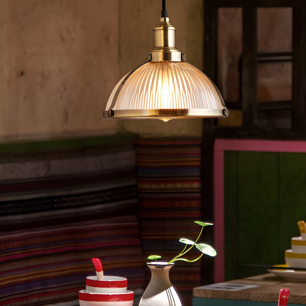 Striped Glass Mini Pendant — Iron, 1-Light, 40W Filament, 10.4" Diameter, 70.9" Adjustable Cord, Chrome or Bronze