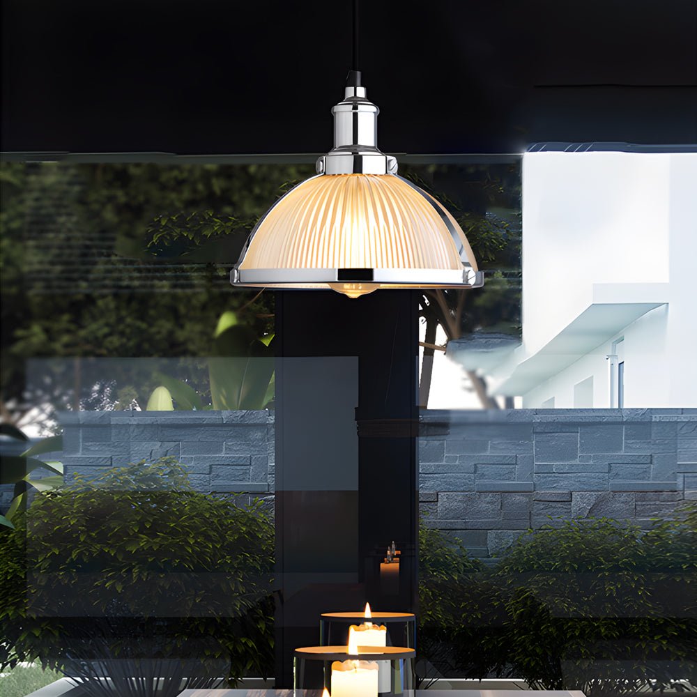 Striped Glass Mini Pendant — Iron, 1-Light, 40W Filament, 10.4" Diameter, 70.9" Adjustable Cord, Chrome or Bronze