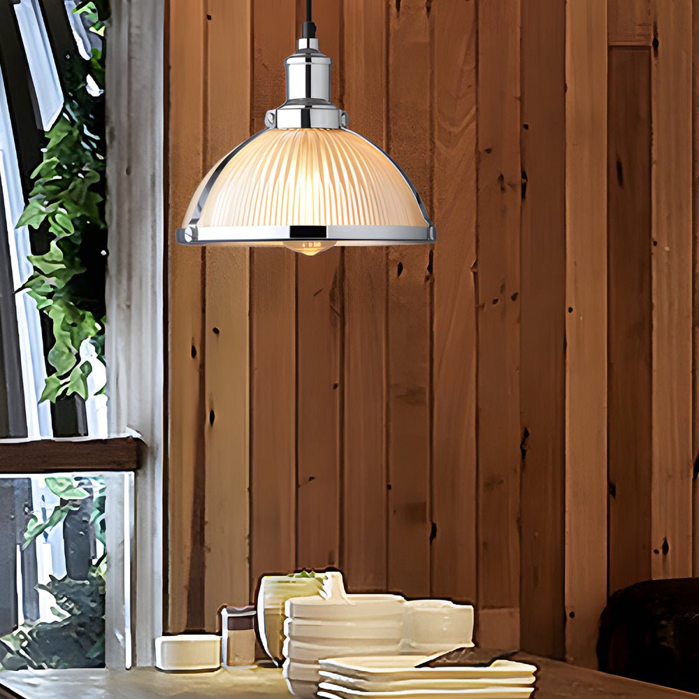 Striped Glass Mini Pendant — Iron, 1-Light, 40W Filament, 10.4" Diameter, 70.9" Adjustable Cord, Chrome or Bronze