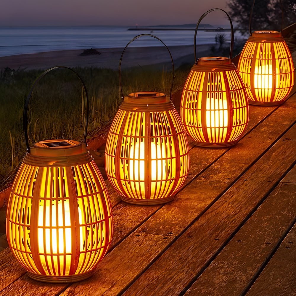 Rustic Modern Solar Outdoor Lantern — Imitation Bamboo, LED, IP44, 600mAh, 6–8Hr Runtime, 7.1" × 13.8"