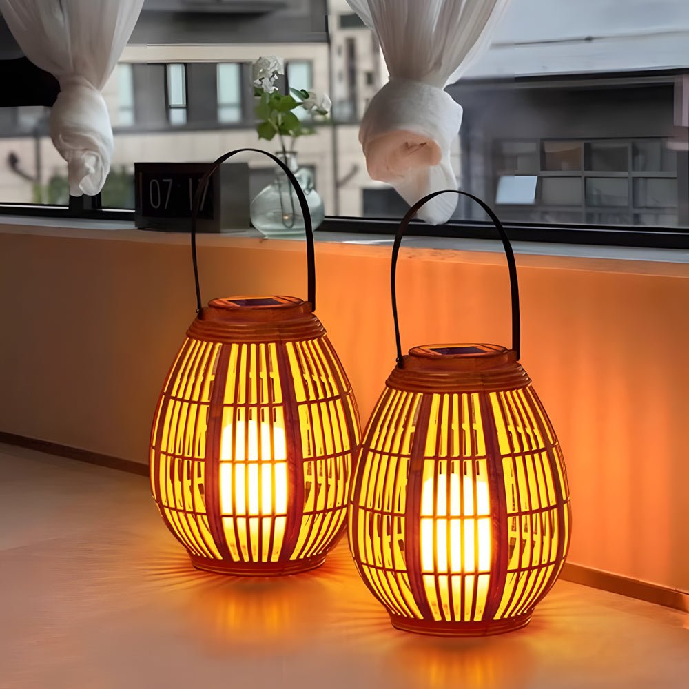 Rustic Modern Solar Outdoor Lantern — Imitation Bamboo, LED, IP44, 600mAh, 6–8Hr Runtime, 7.1" × 13.8"
