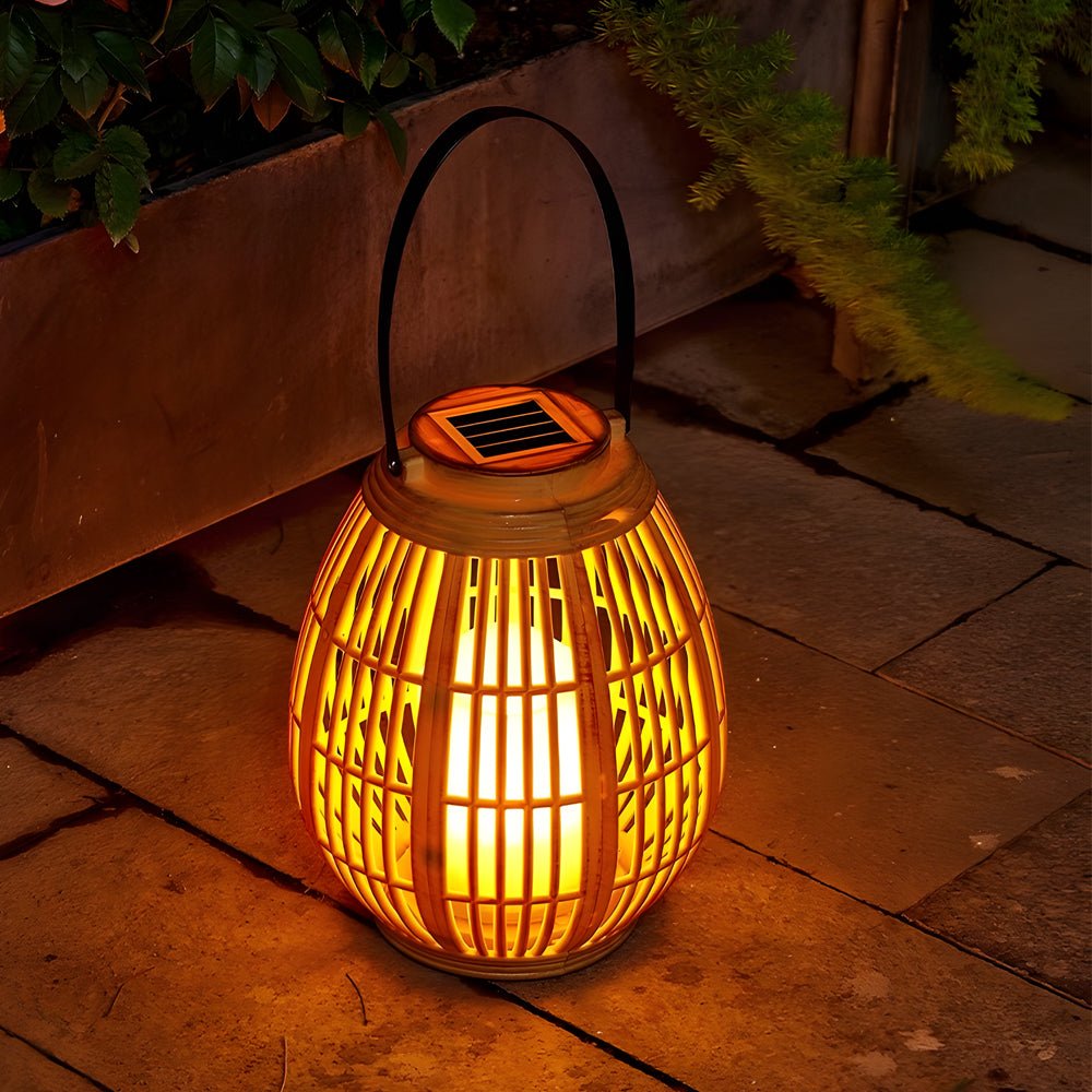 Rustic Modern Solar Outdoor Lantern — Imitation Bamboo, LED, IP44, 600mAh, 6–8Hr Runtime, 7.1" × 13.8"