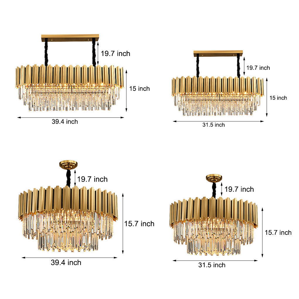 Minimalist Geometric Crystal Chandelier — Stainless Steel & Iron, E14 LED, Round or Rectangle, 31.5"–39.4"