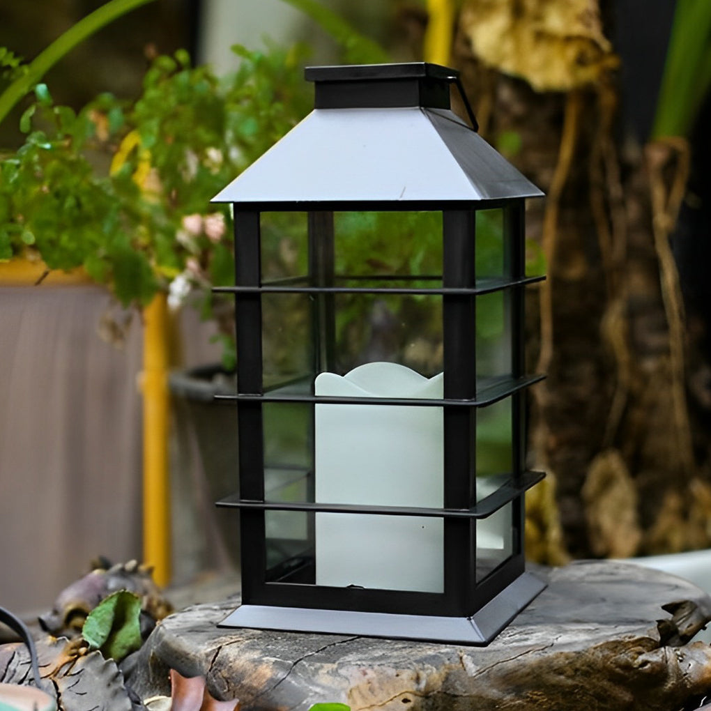 Black Solar Outdoor Portable Lantern — Glass, LED, IP54 Weatherproof, 3000K Warm White