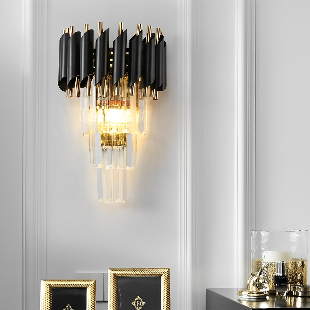Postmodern Geometric Wall Sconce — Metal and Crystal Glass, 2-Light E14, Gold and Black, 10" × 14"