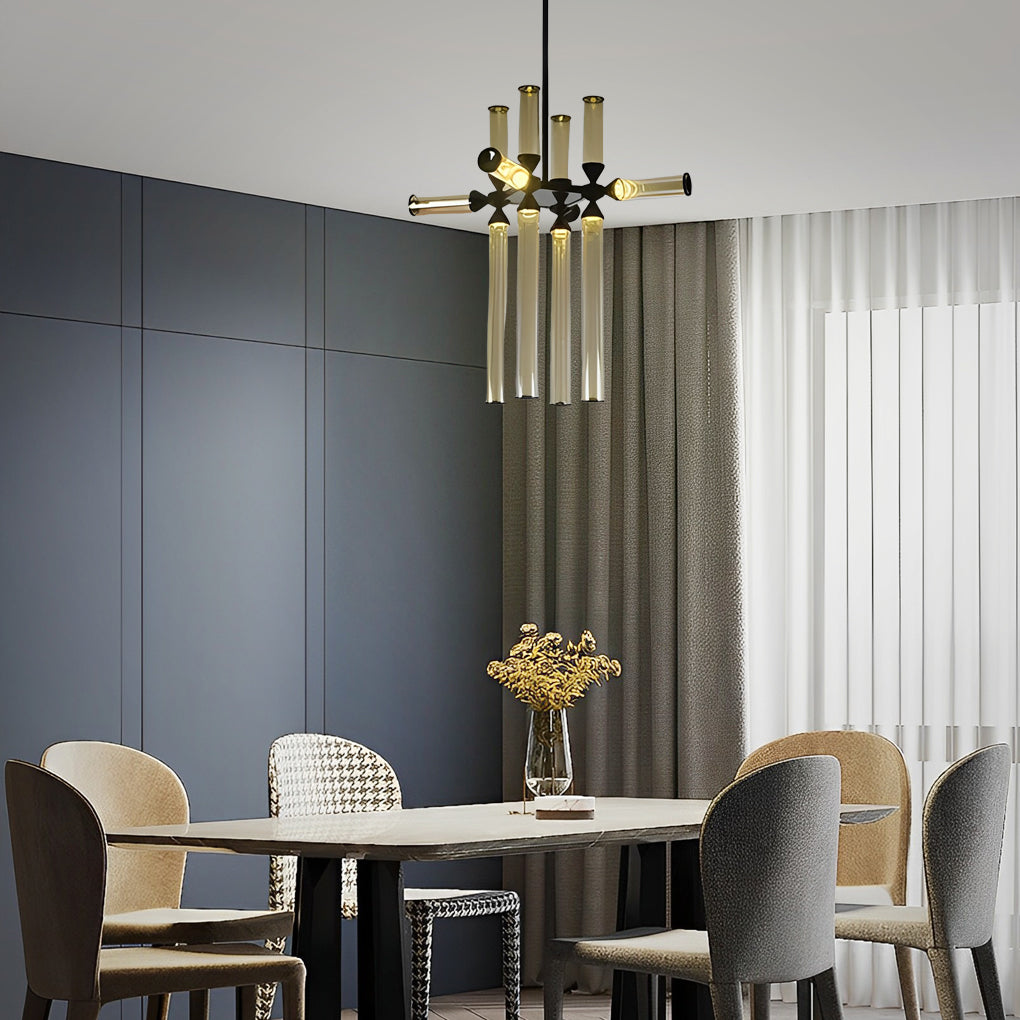 Minimalist Spliced Glass Tube Chandelier — Aluminum, 36W LED, 3000K Warm White, Hardwired