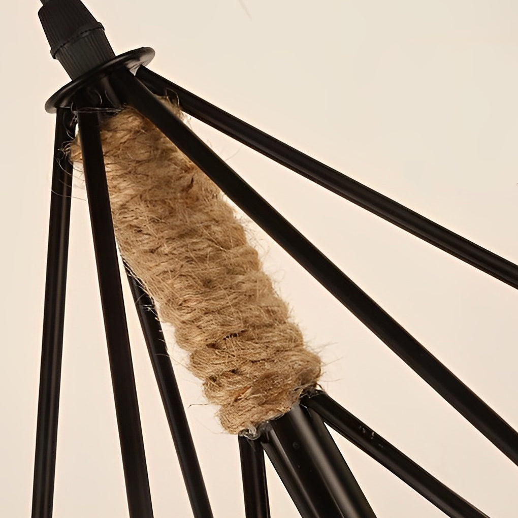 Rustic Geometric Rope Lantern Pendant — Black Iron, Industrial, E27, 51" Adjustable Wire