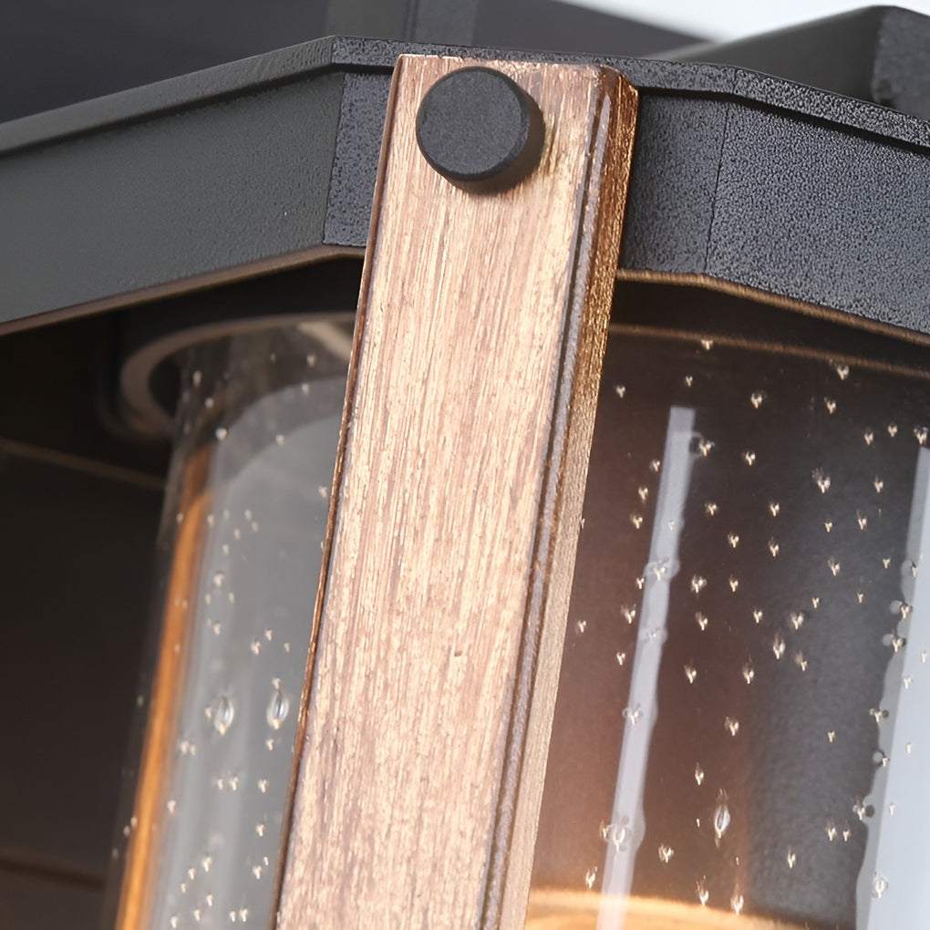 Black Glass Lantern Outdoor Wall Sconce — Die-Cast Aluminum, Industrial, Wood Grain Finish, 3200K