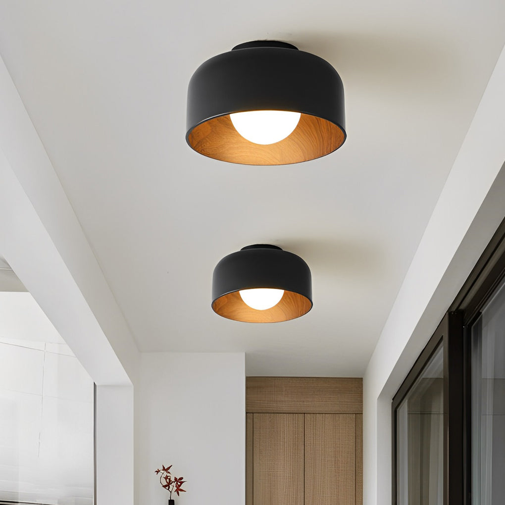 Bowl-Shaped LED Flush-Mount Ceiling Light — Iron and Glass, Imitation Wood Texture, 13.8", 3000K Warm White