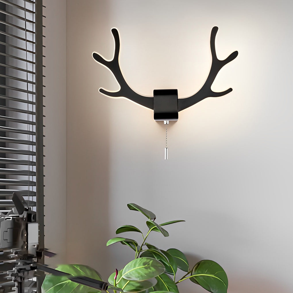 Antler Wall Sconce — Black or White Iron, LED, 8W, Pull Switch, 12" Wide