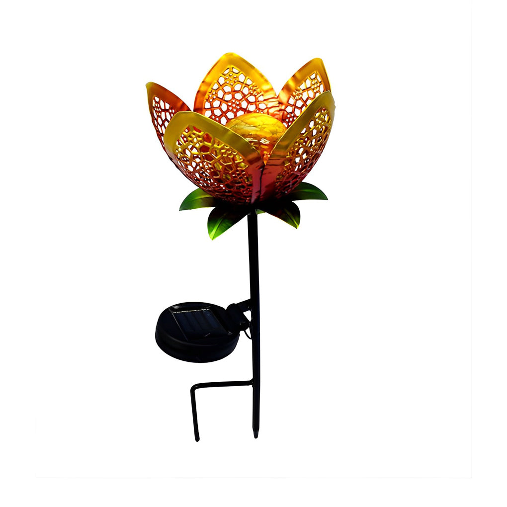 Moon, Sun & Flame Hollow Iron Solar Garden Stake Light — Cracked Glass Globe, LED, IP55 Weatherproof