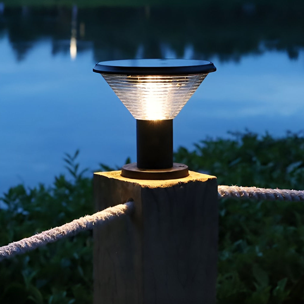 Circular Solar Post Cap Light — Die-Cast Aluminum, Frosted, Remote Control, Light-Control Mode, IP-Rated Weatherproof, 9" Dia.