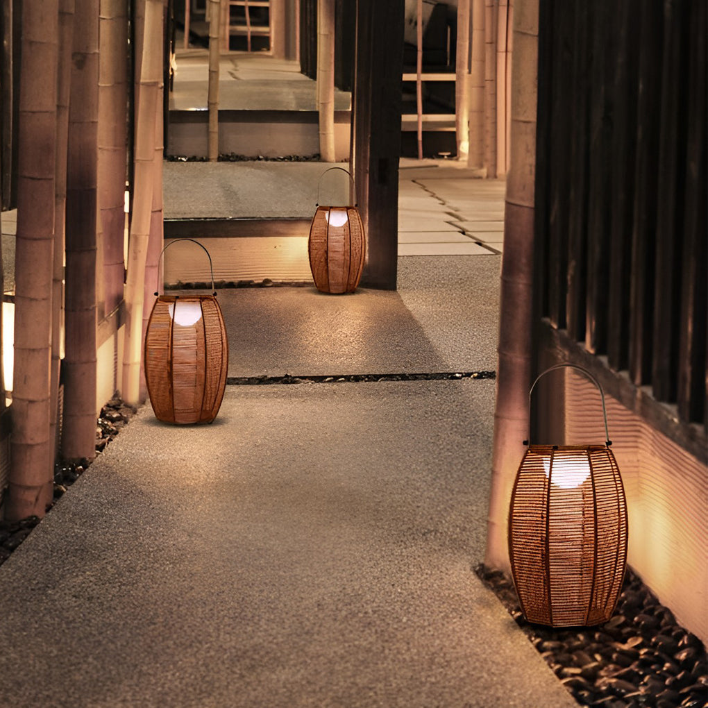 Rattan Lantern Portable Outdoor Floor Lamp — Solar LED, IP65 Weatherproof, 11" × 16", Motion Sensor