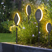 Circular Geometric Solar LED Path Light — Stainless Steel & Silicone, Black, IP54, 3000K Warm White