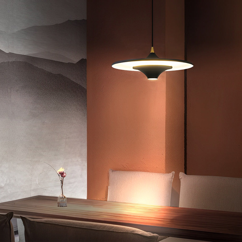 Round COB Pendant Light — Iron, 14" Diameter, Adjustable Hanging, 3000K Warm White, Black / White / Gold